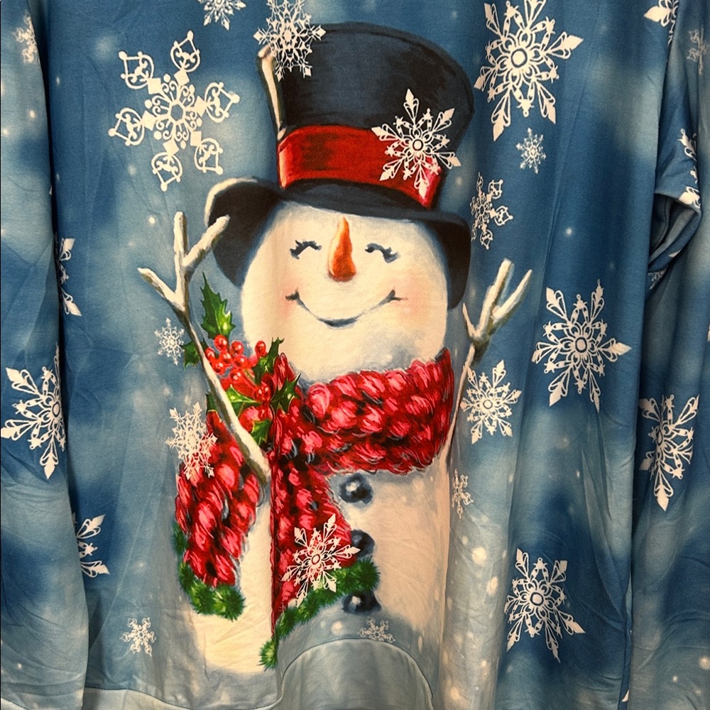 Snowman Christmas Holiday Long Sleeve Shirt Blue Snowflake Print 2XL Winter Top - Picture 2 of 8